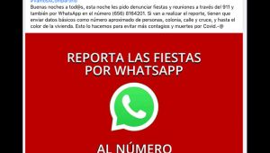 Publicación de Armando Cabada, en la que anuncia la línea para denunciar fiestas por Whatsapp
