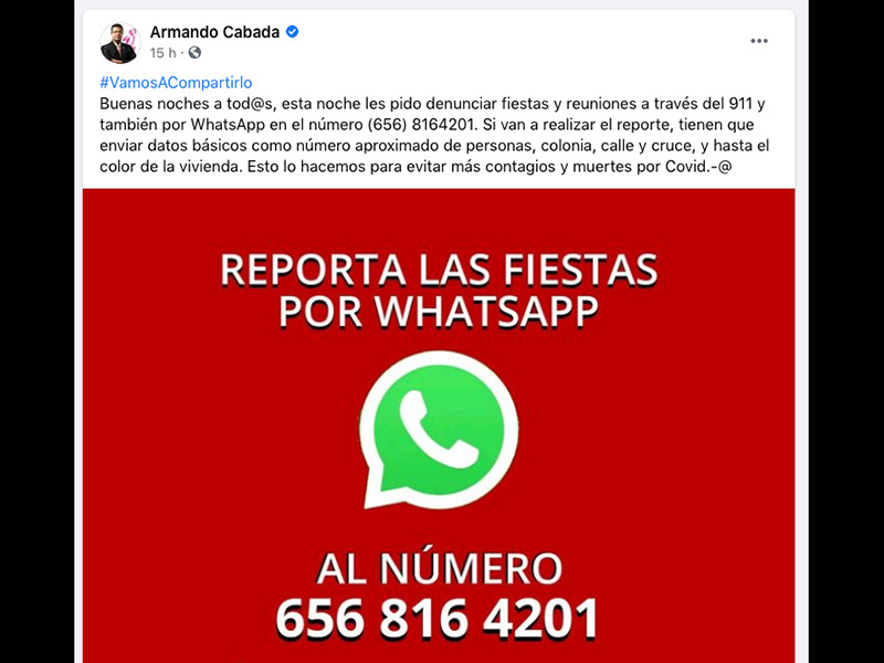 Publicación de Armando Cabada, en la que anuncia la línea para denunciar fiestas por Whatsapp