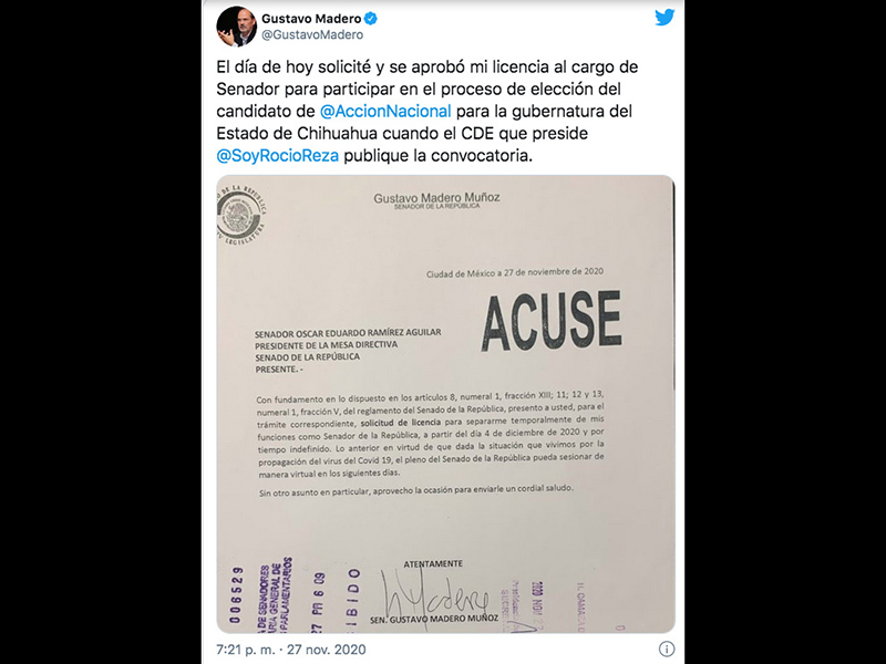Tuit de Gustavo Madero en el que anuncia su separación del cargo
