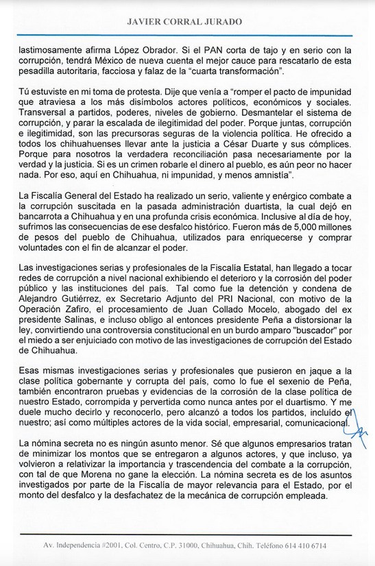 Parte 2/5 de la carta en la que Javier Corral denuncia sobornos de Maru Campos y César Jáuregui