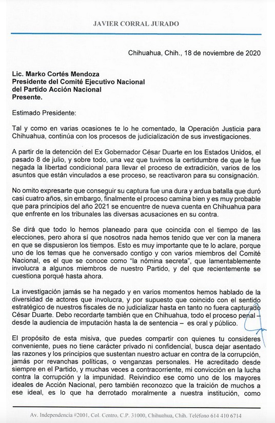 Parte 1/5 de la carta en la que Javier Corral denuncia sobornos de Maru Campos y César Jáuregui