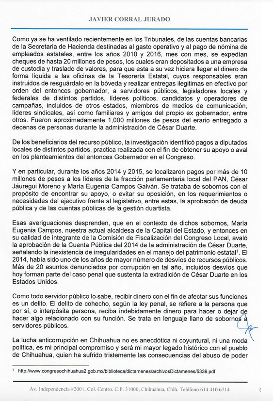 Parte 3/5 de la carta en la que Javier Corral denuncia sobornos de Maru Campos y César Jáuregui