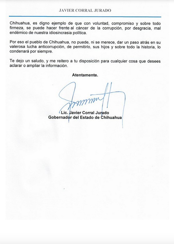 Parte 5/5 de la carta en la que Javier Corral denuncia sobornos de Maru Campos y César Jáuregui