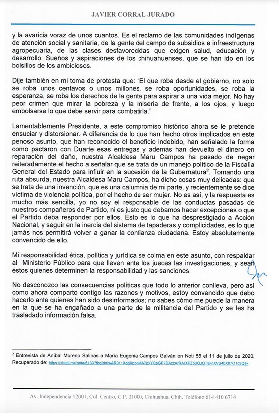 Parte 4/5 de la carta en la que Javier Corral denuncia sobornos de Maru Campos y César Jáuregui