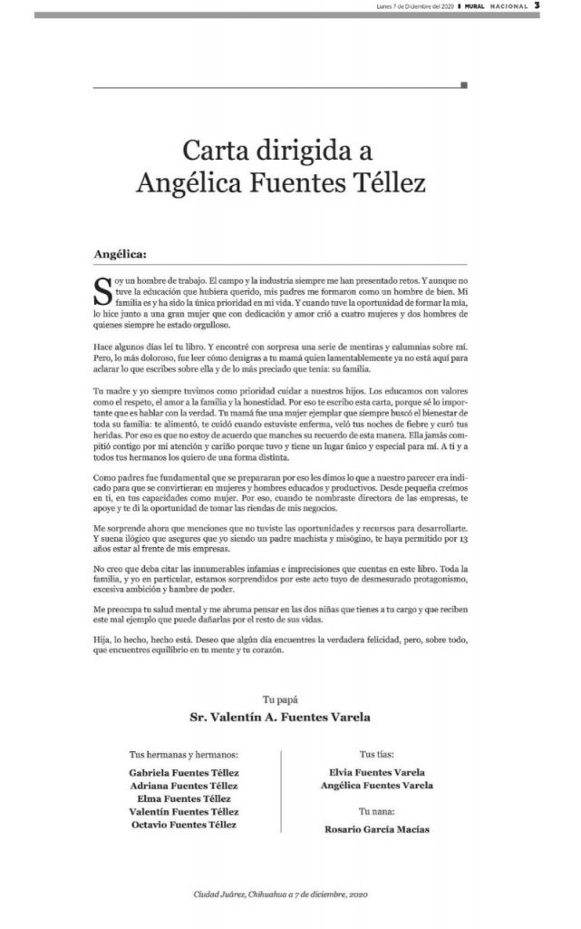 Carta a Angélica Fuentes de parte de su familia