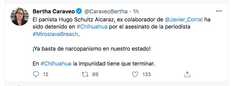 A través de su cuenta de Twitter, la senadora Bertha Caraveo se refirió a la detención de Hugo Schultz, exalcalde de Chínipas y exfuncionario estatal. "¡Basta de narcopanimos en Chihuahua!", dijo