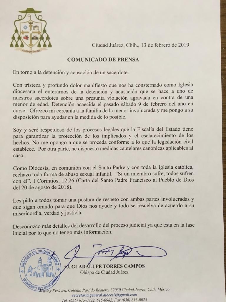 Carta de la diócesis de Ciudad Juárez, con respecto al caso del sacerdote Aristeo Baca.