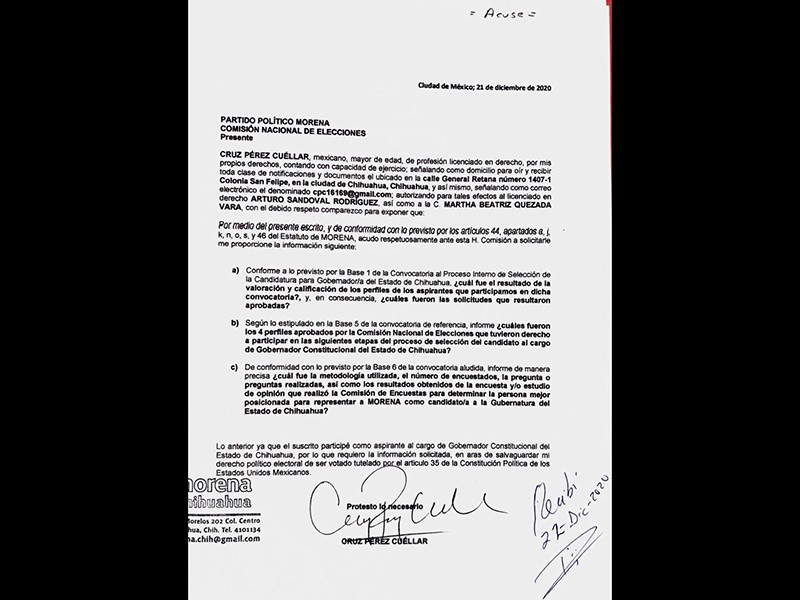 Documento en el que Cruz Pérez Cuéllar solicita a Comisión de Eleciones aclarar los puntos sobre elección de candidato