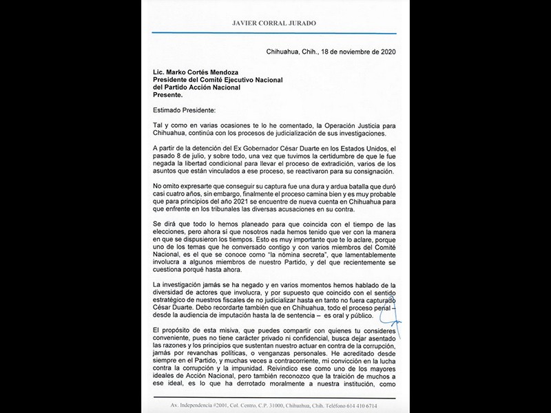 Carta de Javier Corral a Marko Cortés, en la que denuncia los sorbornos de Maru Campos y César Jáuregui