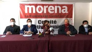 Rueda de prensa de militantes de Morena en la que rechazan precandidatura del alcalde Cabada