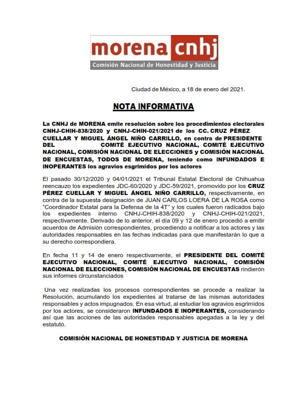 Respuesta de la Comisión Nacional de Justicia de Morena a la impugnación de Cruz Pérez Cuéllar