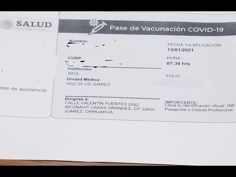 Uno de los pases que la Secretaría de Salud distribuyó para la vacunación contra Covid-19