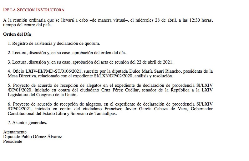 Orden del día en el que se incluye el análisis de la solicitud de desafuero a Cruz Pérez Cuéllar
