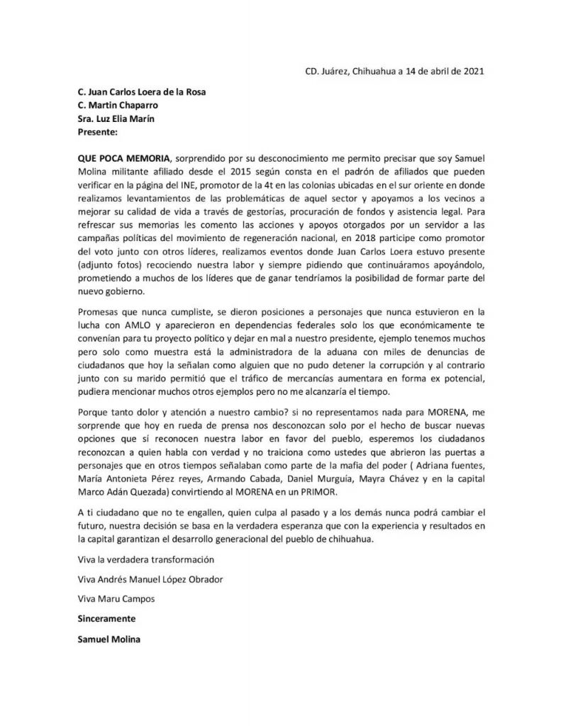 Carta de Samuel Molina a la dirigencia de Morena. Explica la decisión de unirse a la campaña de Maru Campos