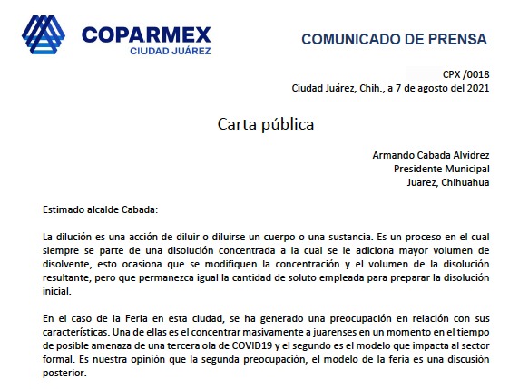 Carta de Coparmex a Cabada
