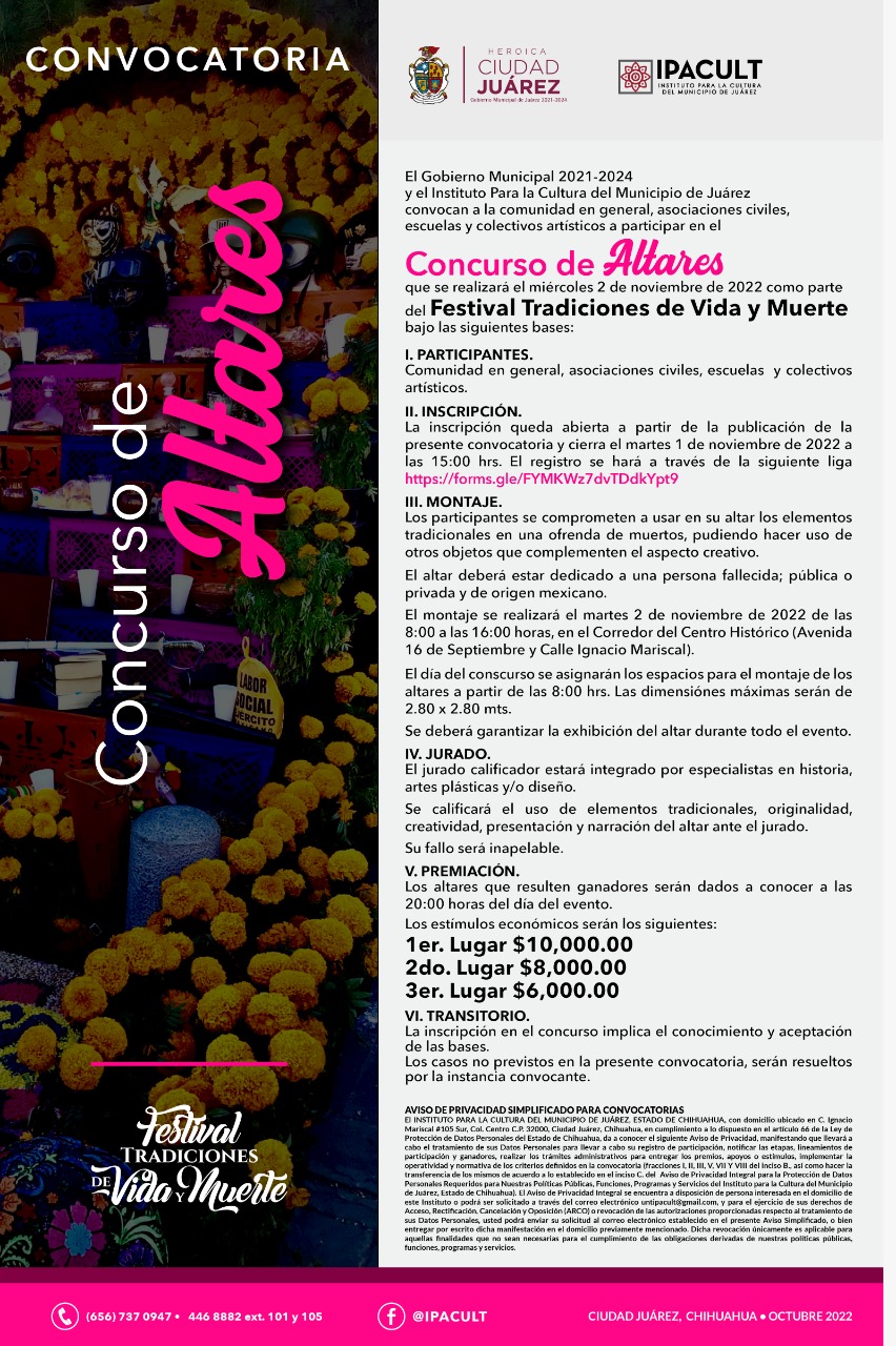 Invitan a participar en concursos de Altares y Catrinas